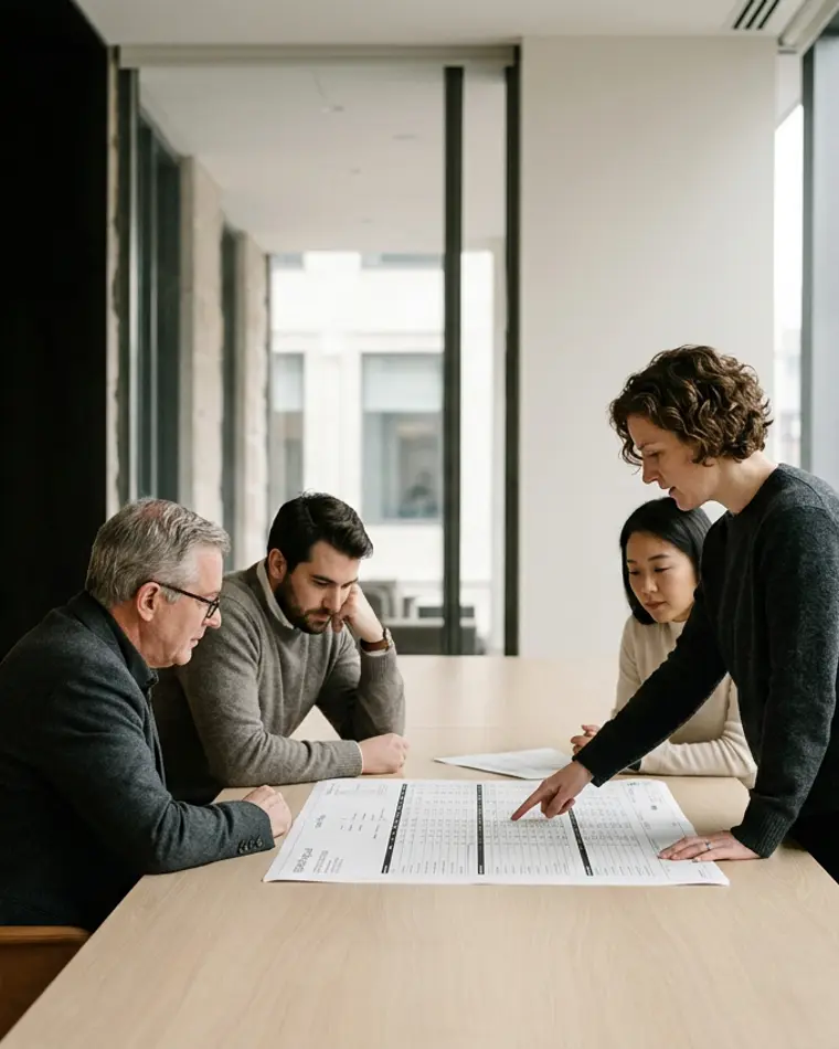 Four colleagues around a long table reviewing a printed operating plan