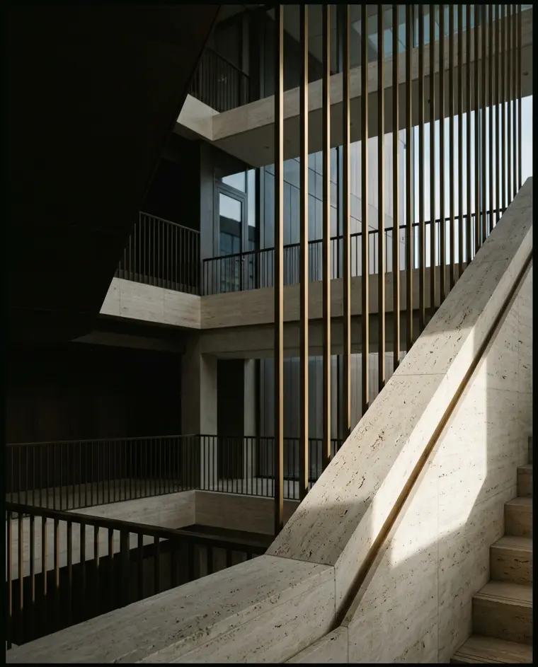 The upper atrium of a stone and brass office building, lit by late afternoon sun
